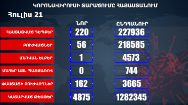 Հաստատվել է կորոնավիրուսի 220 նոր դեպք, առողջացել 56 քաղաքացի