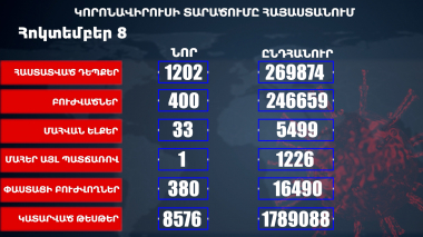 Հաստատվել է կորոնավիրուսի 1202 նոր դեպք, առողջացել 400 քաղաքացի