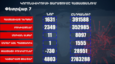 Հաստատվել է կորոնավիրուսի 1631 նոր դեպք, առողջացել 2349 քաղաքացի