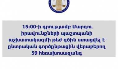 Ժամը 15։00-ի դրությամբ ՄԻՊ աշխատակազմի թեժ գծին ստացվել է ընտրական գործընթացին վերաբերող 59 հեռախոսազանգ