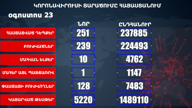 Հաստատվել է կորոնավիրուսի 251 նոր դեպք, առողջացել 239 քաղաքացի